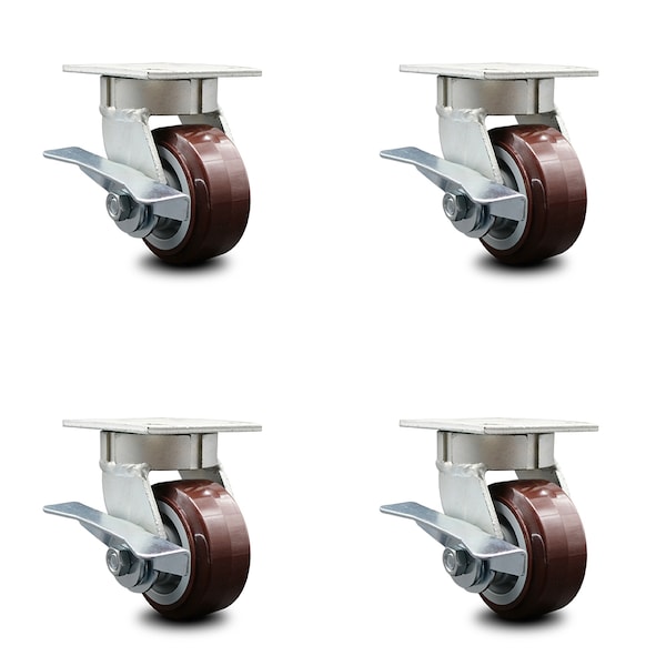 4 Inch Kingpinless Poly on Polyolefin Wheel Swivel Caster Set with Brakes SCC
